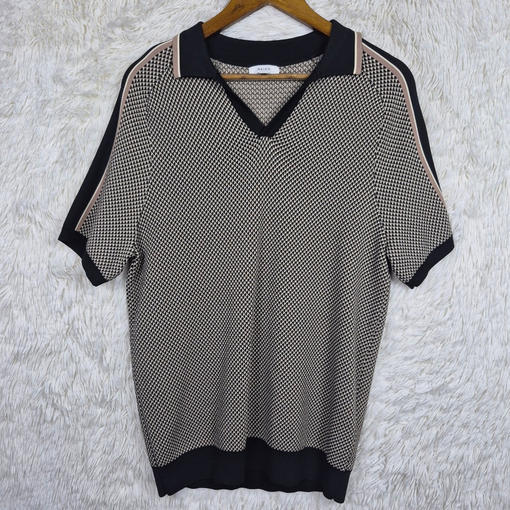 Reiss Brunswick Black Tan Geometric Knit Polo Shirt Mens Medium Johnny Collar